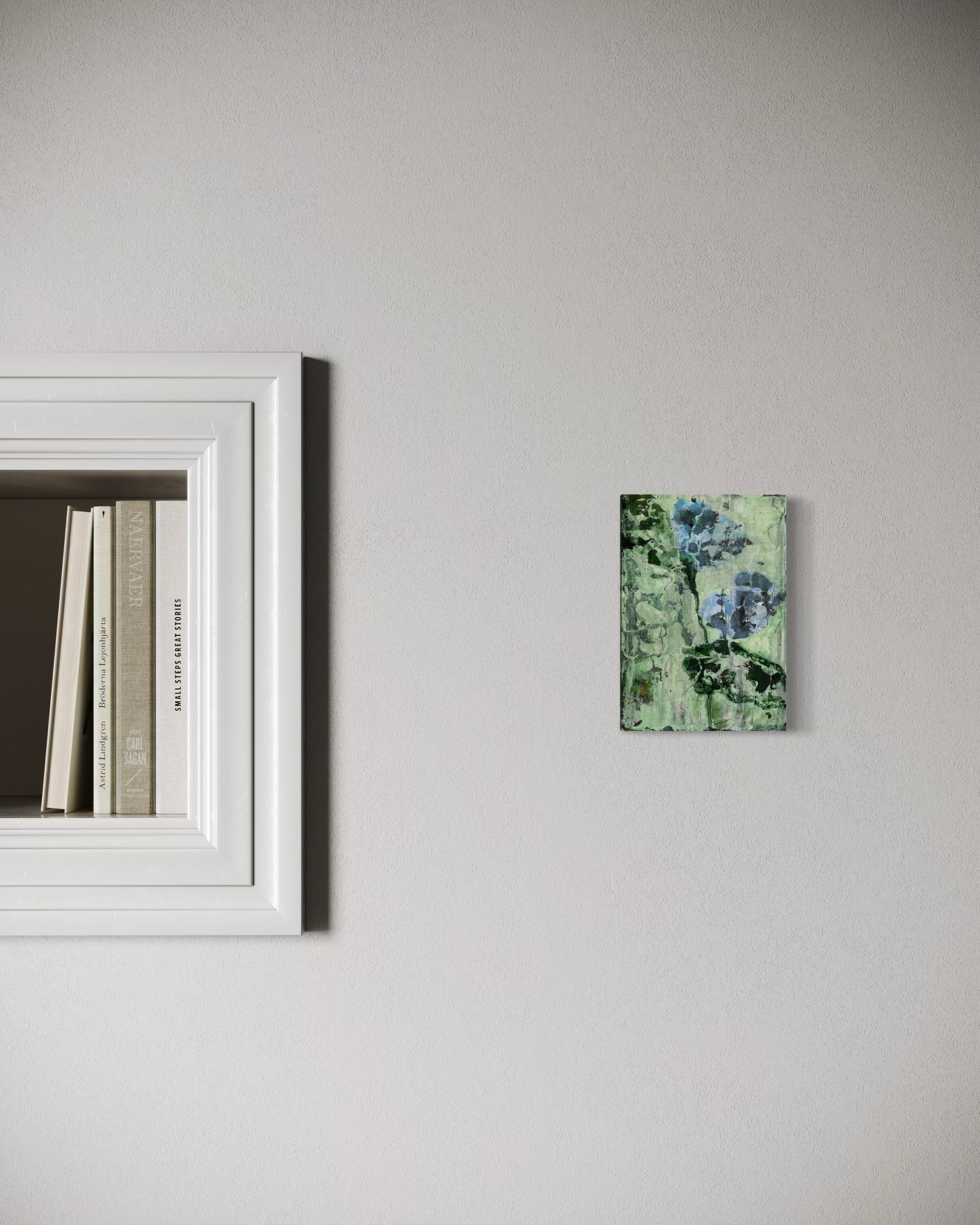 Maleri af blå blomster på grøn idyllisk og abstrakt baggrund. Hængende på en væg.