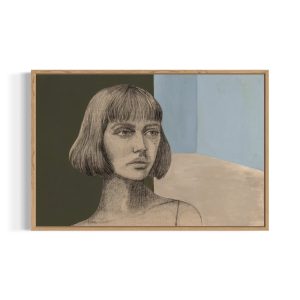 Kulmaleri af kvinde med page. Hun står i et mørkegrønt rum og kigger ind i et tomt blåt rum med lysegråt gulv. Indrammet med egetræsramme.