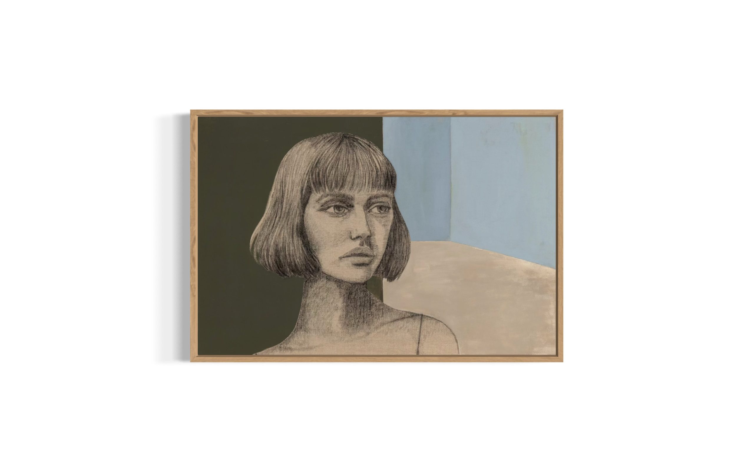 Kulmaleri af kvinde med page. Hun står i et mørkegrønt rum og kigger ind i et tomt blåt rum med lysegråt gulv. Indrammet med egetræsramme.