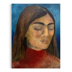 Portrætmaleri af brunhåret kvinde med midterskilining og lukkede øjne. Slørret ansigt og rød rullekrave. Baggrunden er en frisk og varm mørkeblå.