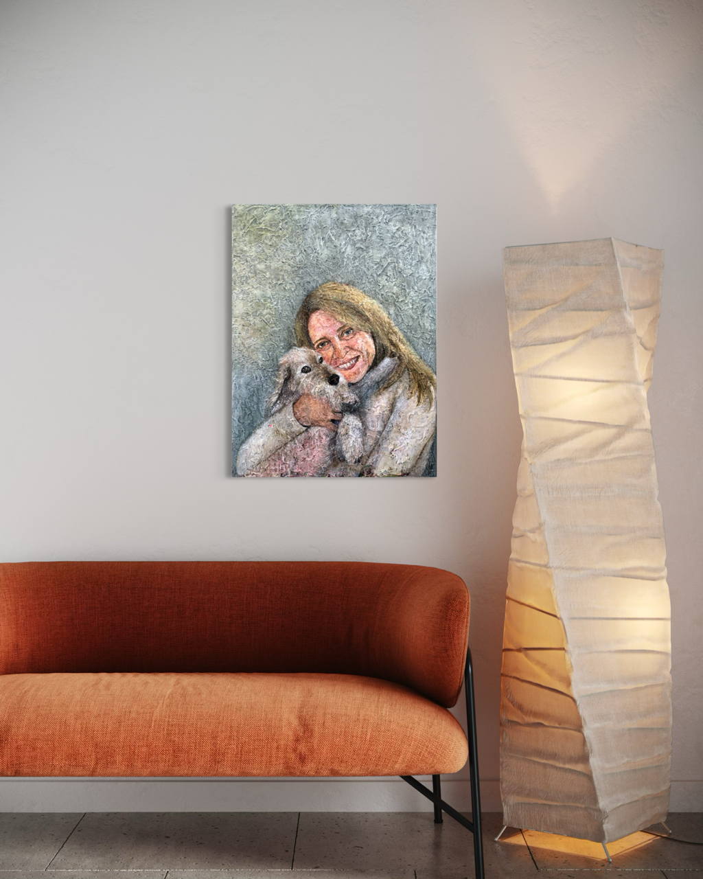 Portrætmaleri af kvinde med gravhund