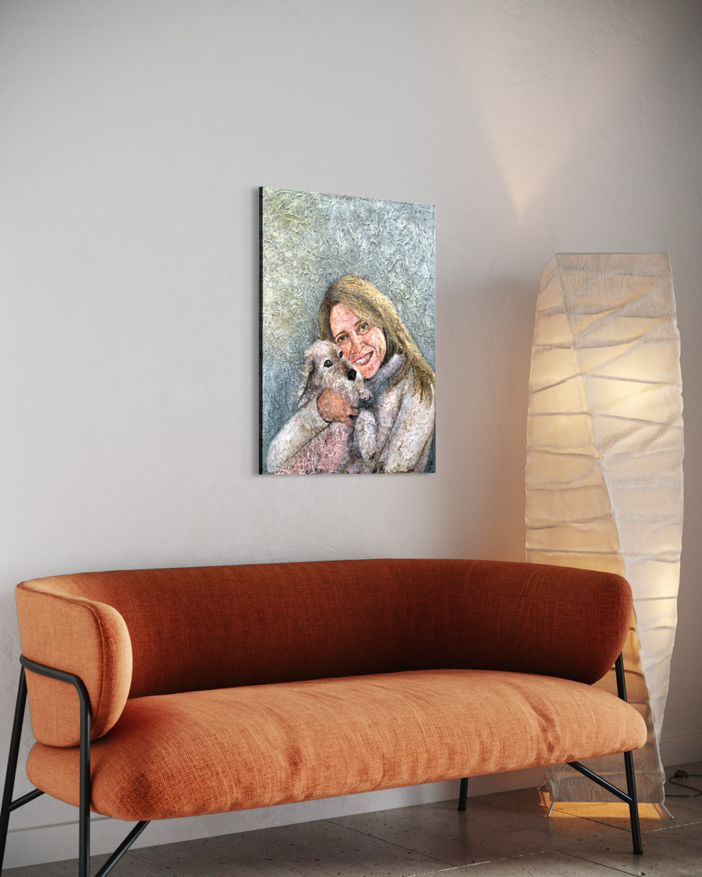 Portrætmaleri af kvinde med gravhund