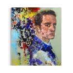 Abstrakt portrætmaleri af mørkhåret mand i trekvart profil