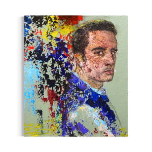 Abstrakt portrætmaleri af mørkhåret mand i trekvart profil