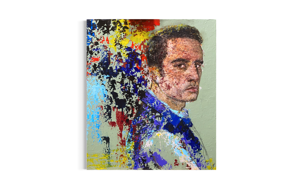 Abstrakt portrætmaleri af mørkhåret mand i trekvart profil