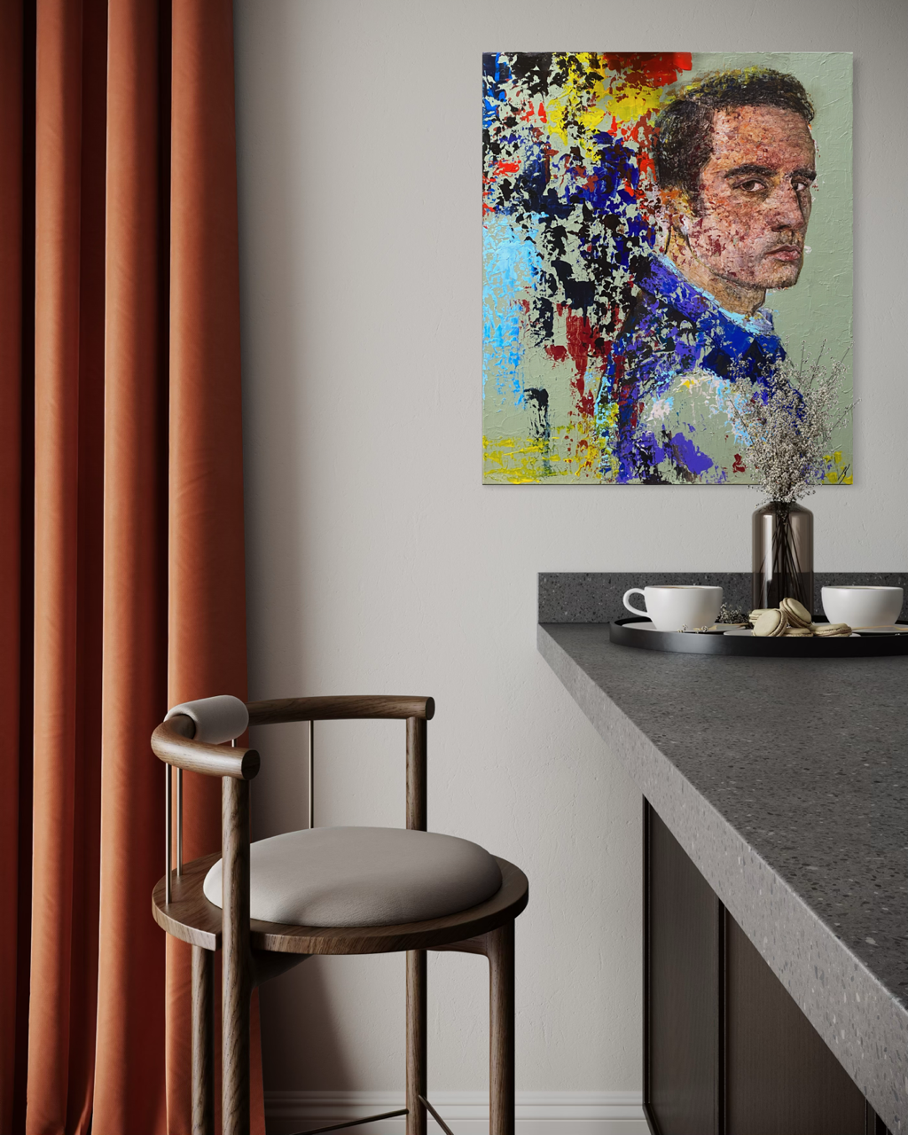 Abstrakt portrætmaleri af mørkhåret mand i trekvart profil