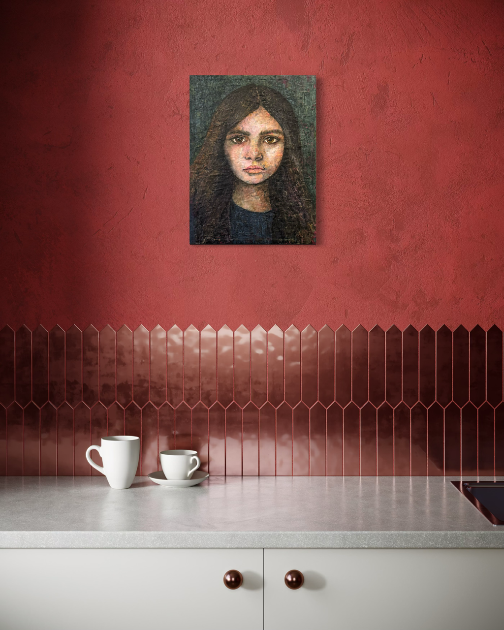 Portrætmaleri af pige med mørkt bølget hår og intenst blik