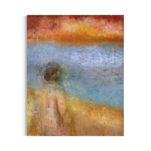 solnedgang-maleri-i-varme-pastel-toner-og-sloeret-kvinde-med-frakke-staar-med-ryggen-til