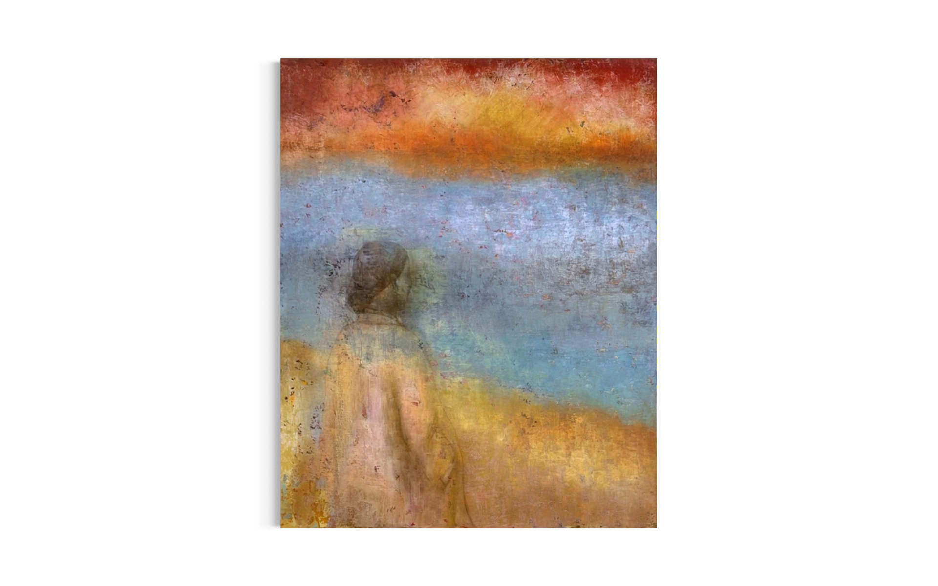solnedgang-maleri-i-varme-pastel-toner-og-sloeret-kvinde-med-frakke-staar-med-ryggen-til