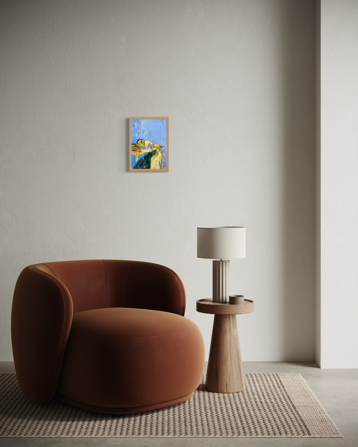 abstrakt-akryl-maleri-paa-glas-af-kvinde-i-stor-kjole-der-laener-sig-ind-over-bordet