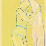 Gul-stregtegning-af-kvinde-der-lige-er-kommet-ud-af-badet-og-vikler-et-haandklaede-om-haaret